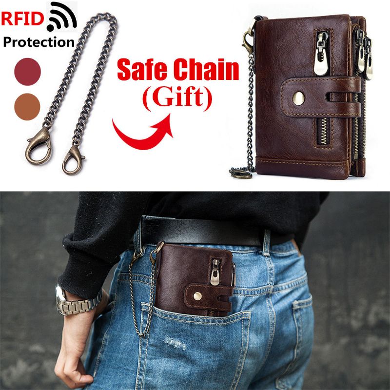 Cartera De Cuero Genuino Para Hombre Rfid Antirrobo Monedero Con Cremallera Corta Monedero Con Cadena De Motorista