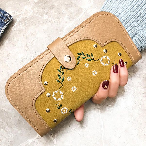 Cartera Larga Con Estampado De Flores De Cuero Pu Polaco Opaco Para Mujer