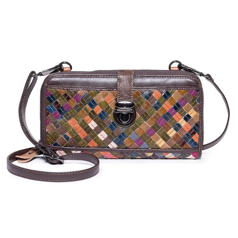 Cartera Larga De Cuero Genuino Vintage Tejiendo Patchwork Para Mujer