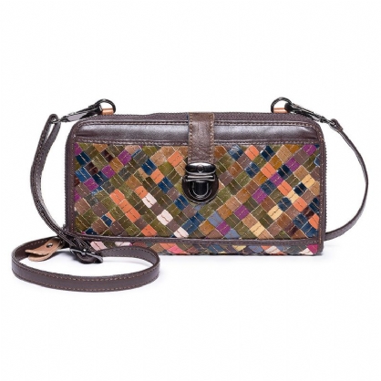 Cartera Larga De Cuero Genuino Vintage Tejiendo Patchwork Para Mujer