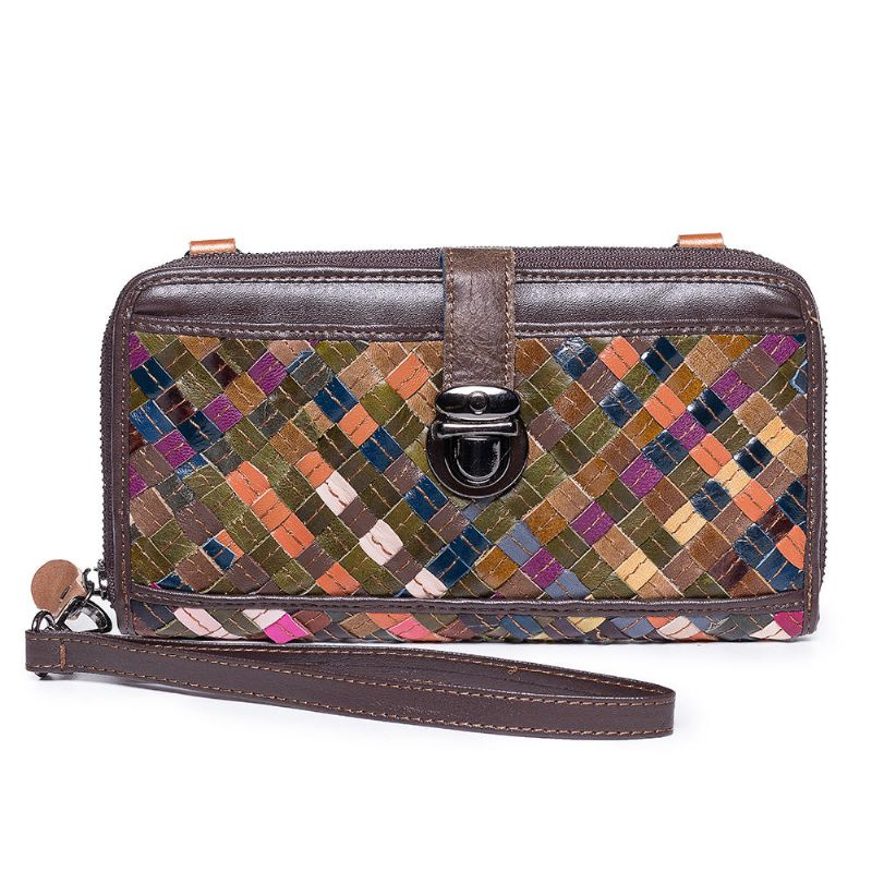 Cartera Larga De Cuero Genuino Vintage Tejiendo Patchwork Para Mujer