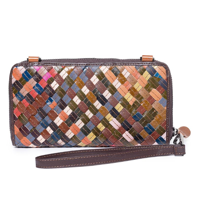 Cartera Larga De Cuero Genuino Vintage Tejiendo Patchwork Para Mujer