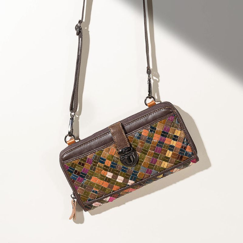 Cartera Larga De Cuero Genuino Vintage Tejiendo Patchwork Para Mujer