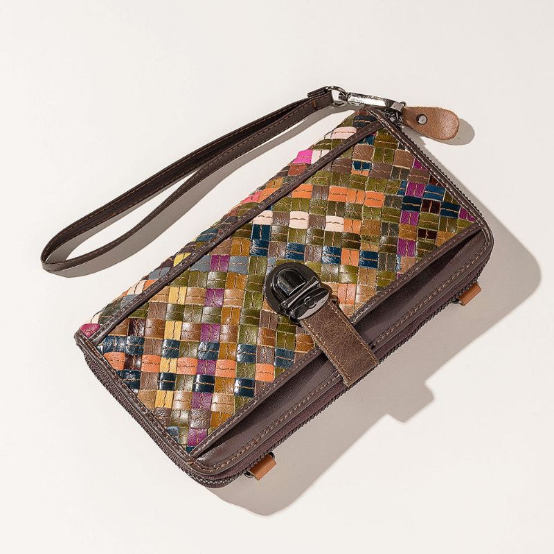 Cartera Larga De Cuero Genuino Vintage Tejiendo Patchwork Para Mujer