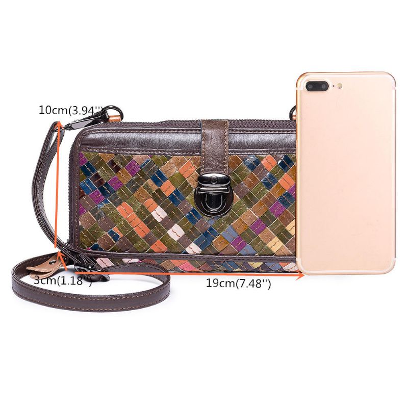 Cartera Larga De Cuero Genuino Vintage Tejiendo Patchwork Para Mujer