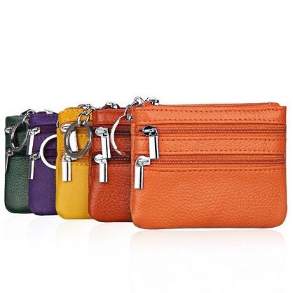 Cartera De Mano Con Cremallera Doble De Cuero Genuino Para Mujer Bolsos De Monedas De Color Caramelo