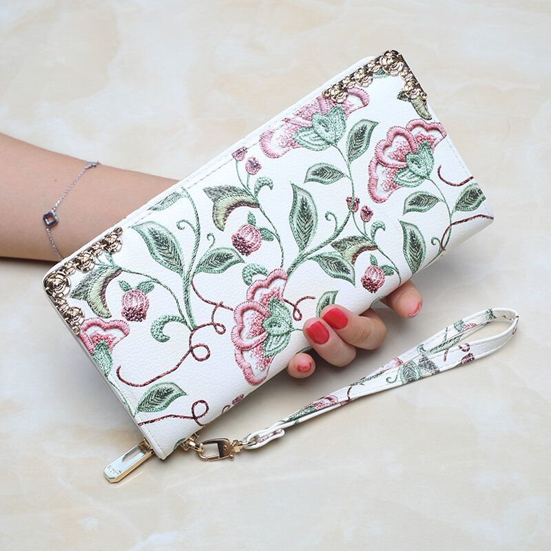 Cartera De Mano Con Estampado De Bordado Floral De Cuero Pu Para Mujer Cartera Con Tarjetero De Gran Capacidad