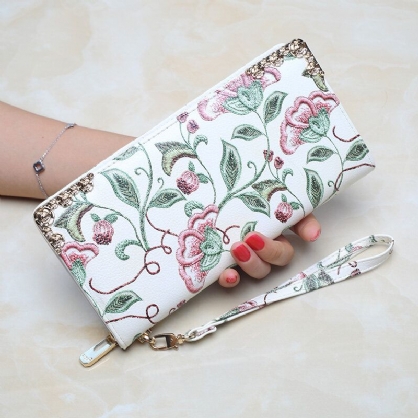 Cartera De Mano Con Estampado De Bordado Floral De Cuero Pu Para Mujer Cartera Con Tarjetero De Gran Capacidad