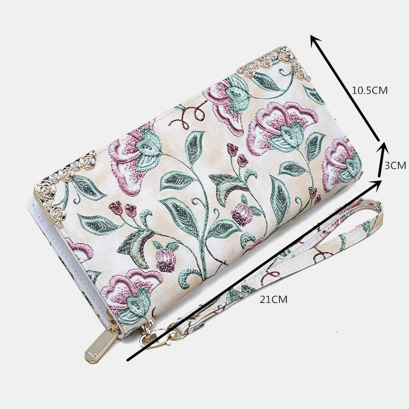 Cartera De Mano Con Estampado De Bordado Floral De Cuero Pu Para Mujer Cartera Con Tarjetero De Gran Capacidad