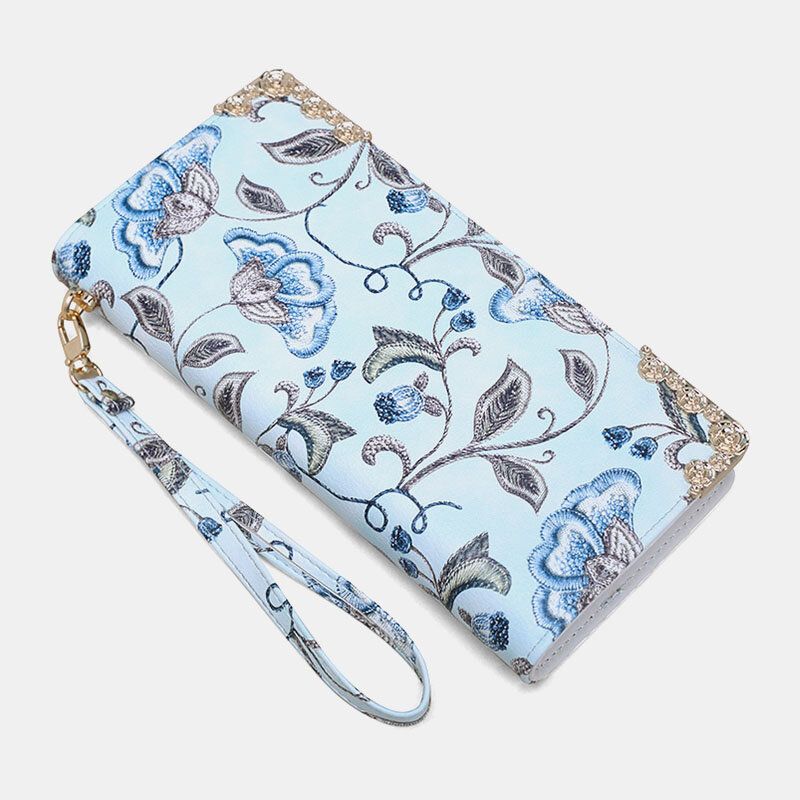 Cartera De Mano Con Estampado De Bordado Floral De Cuero Pu Para Mujer Cartera Con Tarjetero De Gran Capacidad