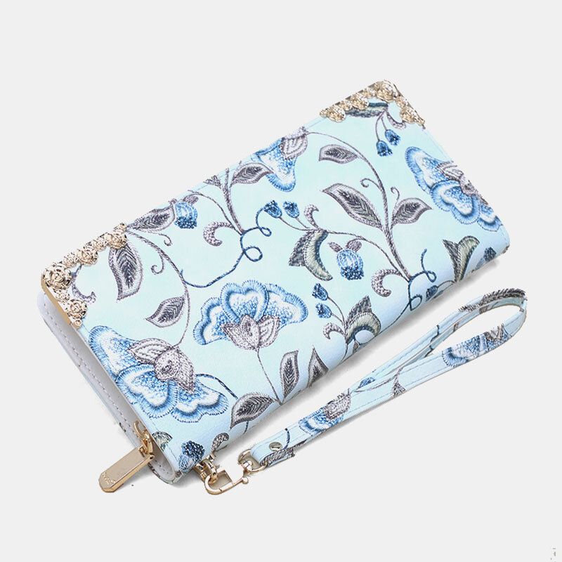 Cartera De Mano Con Estampado De Bordado Floral De Cuero Pu Para Mujer Cartera Con Tarjetero De Gran Capacidad