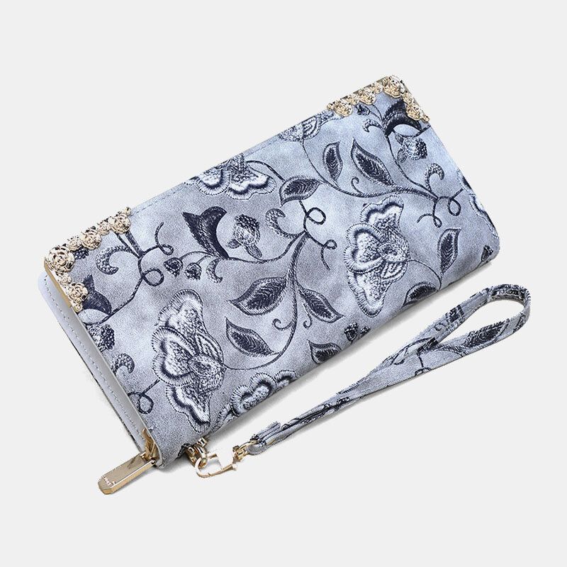 Cartera De Mano Con Estampado De Bordado Floral De Cuero Pu Para Mujer Cartera Con Tarjetero De Gran Capacidad