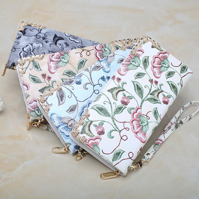 Cartera De Mano Con Estampado De Bordado Floral De Cuero Pu Para Mujer Cartera Con Tarjetero De Gran Capacidad