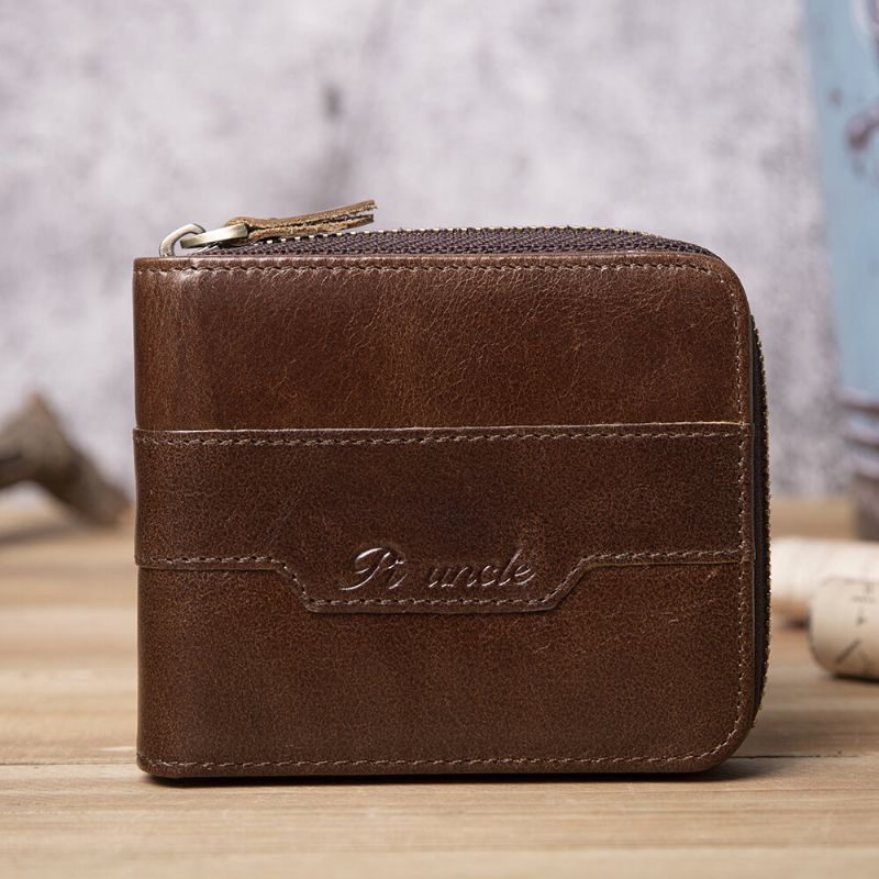 Cartera De Monedas Con Cremallera Rfid Vintage De Cuero Genuino Para Hombre