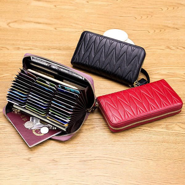 Cartera De Múltiples Ranuras De Cuero Genuino Antimagnético Rfid Para Mujer