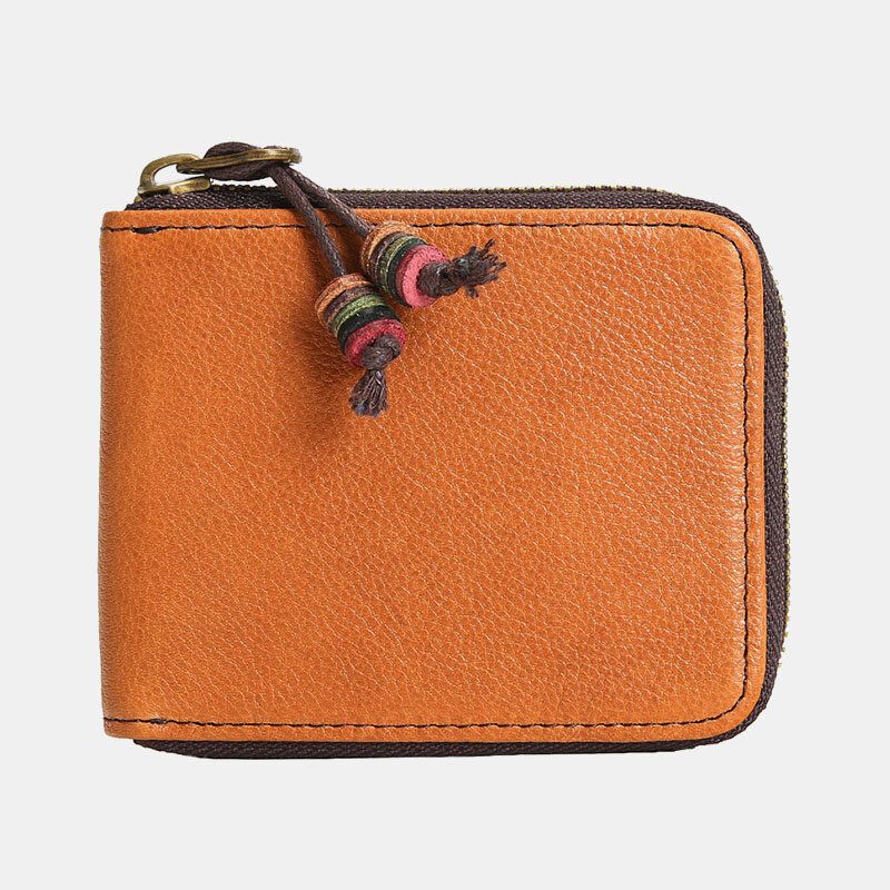 Cartera De Tarjetero Con Cremallera Étnica Retro Hecha A Mano De Piel De Vaca De Cuero Genuino Para Hombre