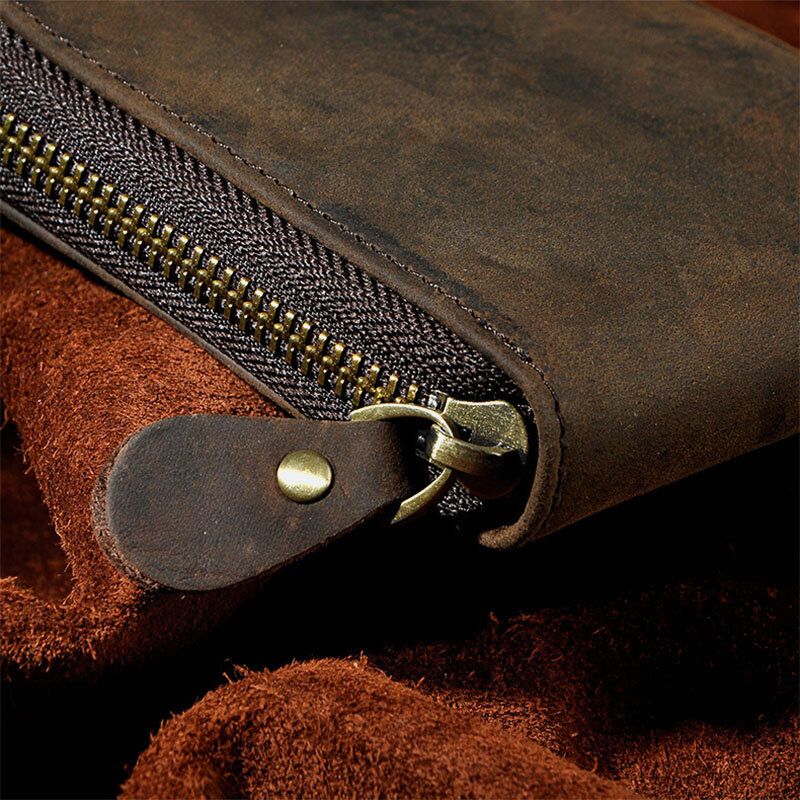 Cartera De Tarjetero Con Cremallera Plegable Clásica Retro De Piel De Vaca De Cuero Genuino Para Hombre