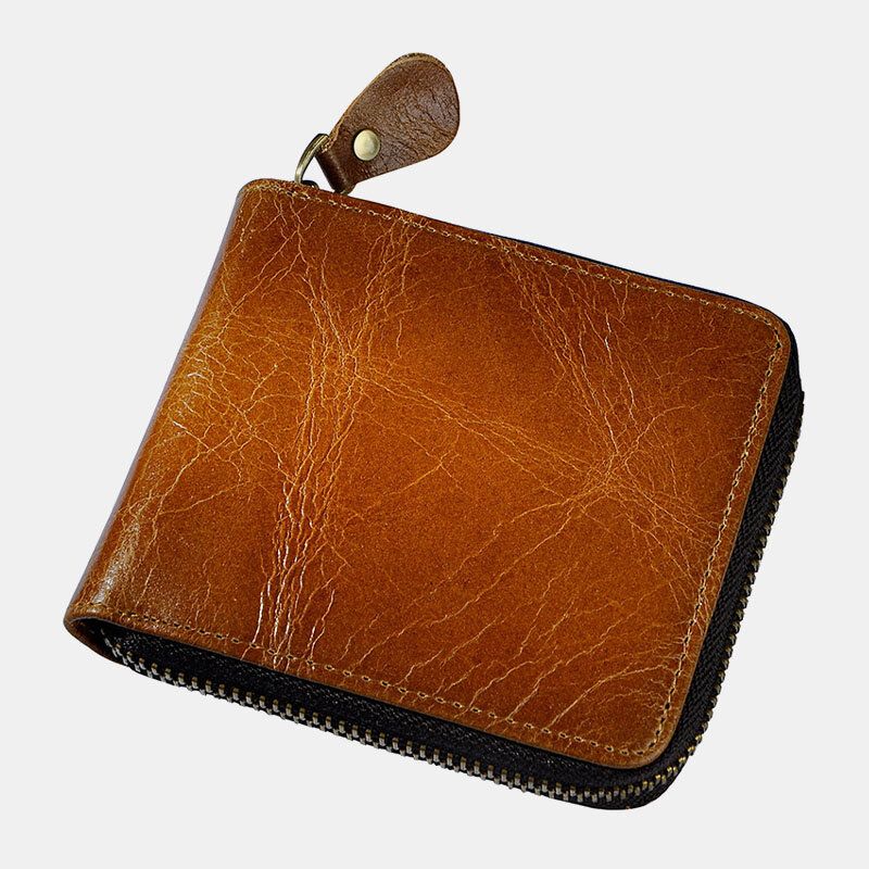 Cartera De Tarjetero Con Cremallera Plegable Clásica Retro De Piel De Vaca De Cuero Genuino Para Hombre