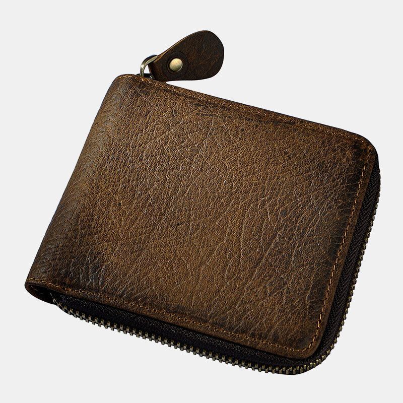 Cartera De Tarjetero Con Cremallera Plegable Clásica Retro De Piel De Vaca De Cuero Genuino Para Hombre