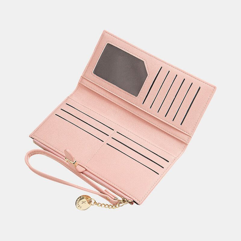 Cartera De Tarjetero Largo Plegable De Color Sólido Fino De Cuero Pu Para Mujer