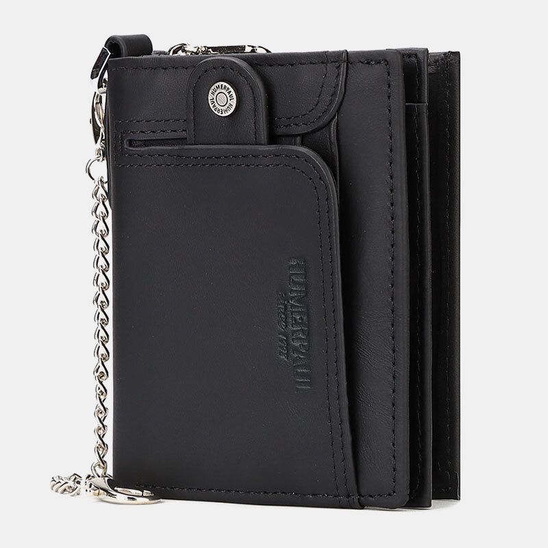 Cartera De Tarjetero De Múltiples Ranuras Con Cremallera Antirrobo Rfid De Cuero Genuino Para Hombre Con Cadena