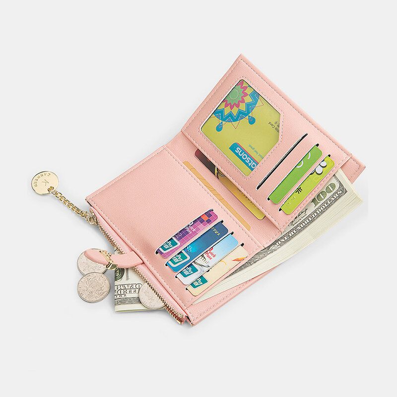 Cartera De Tarjetero Plegable De Color Sólido Fino De Cuero Pu Para Mujer