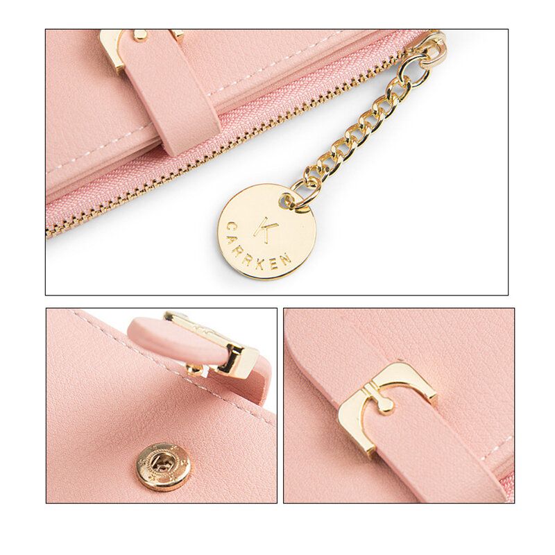 Cartera De Tarjetero Plegable De Color Sólido Fino De Cuero Pu Para Mujer