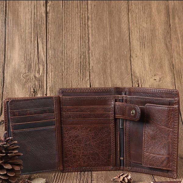 Cartera Tríptico Vintage De Cuero Genuino Para Hombre Con 12 Ranuras Para Tarjetas Cartera Corta Cartera Delgada