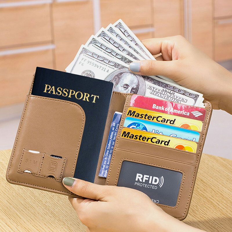 Cartera Unisex De Cuero Genuino Rfid Multifunción Para Múltiples Tarjetas Con Ranura Para Pasaporte De Viaje Con Correa Elástica