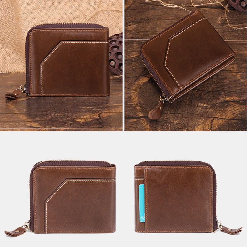 Cartera Vintage De Cuero Genuino Para Hombre Portatarjetas Con Cremallera Con Bloqueo Rfid