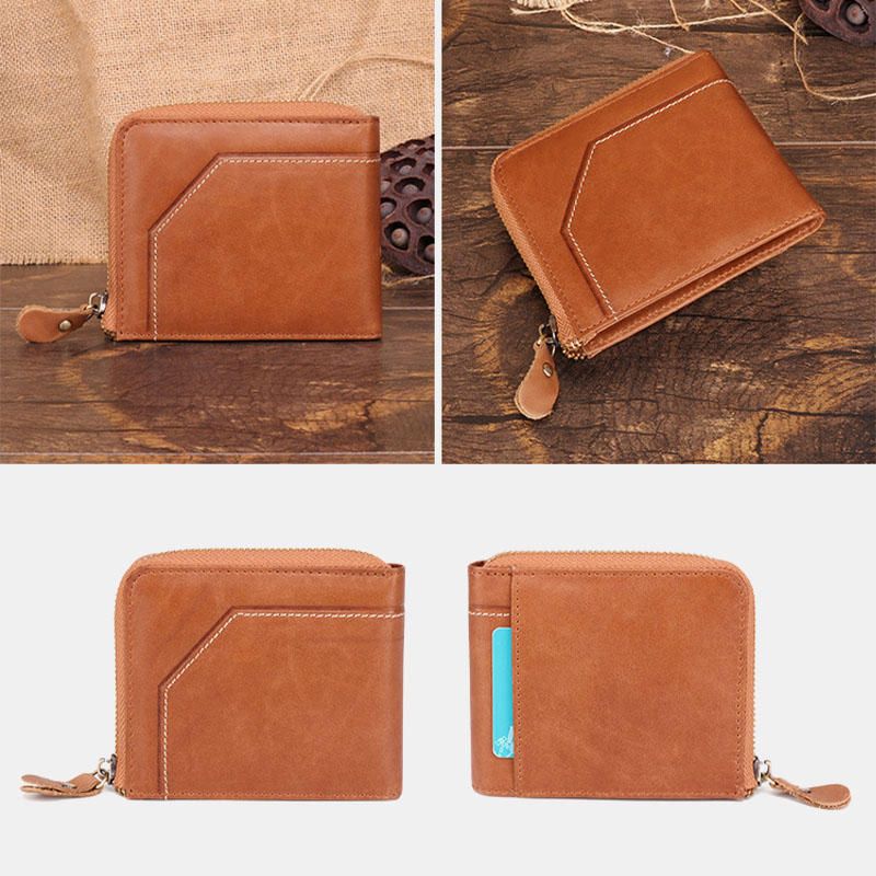 Cartera Vintage De Cuero Genuino Para Hombre Portatarjetas Con Cremallera Con Bloqueo Rfid