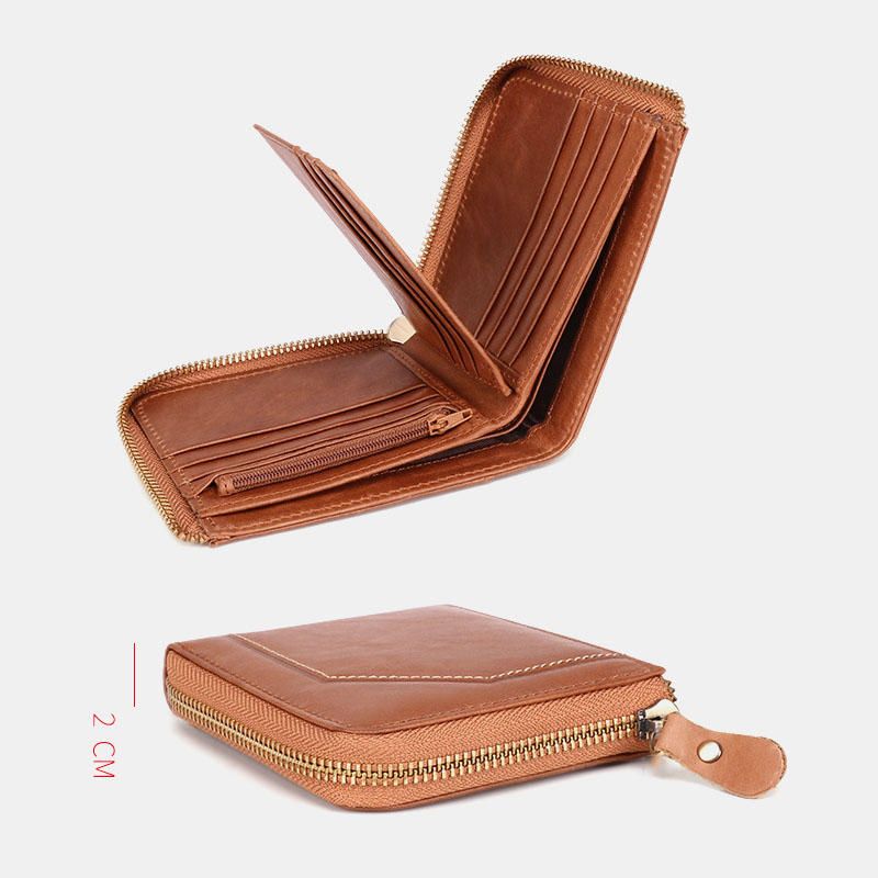 Cartera Vintage De Cuero Genuino Para Hombre Portatarjetas Con Cremallera Con Bloqueo Rfid