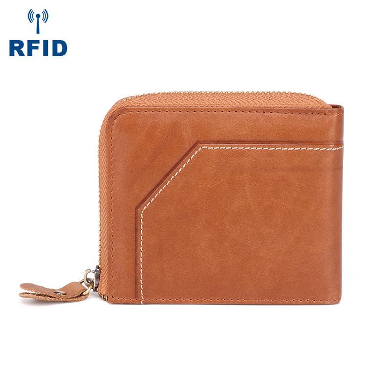 Cartera Vintage De Cuero Genuino Para Hombre Portatarjetas Con Cremallera Con Bloqueo Rfid