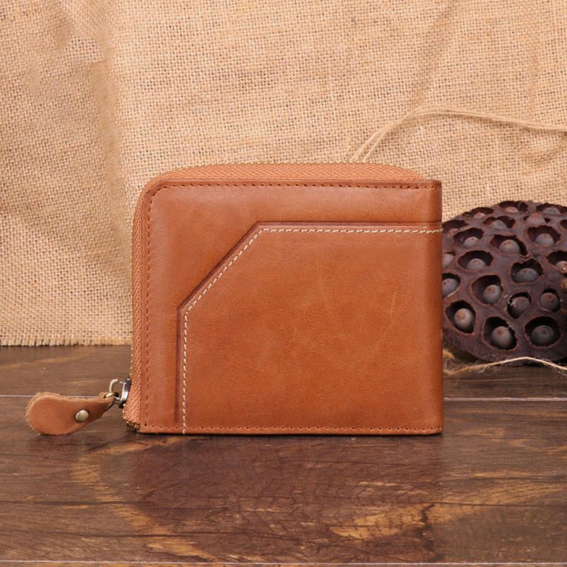 Cartera Vintage De Cuero Genuino Para Hombre Portatarjetas Con Cremallera Con Bloqueo Rfid