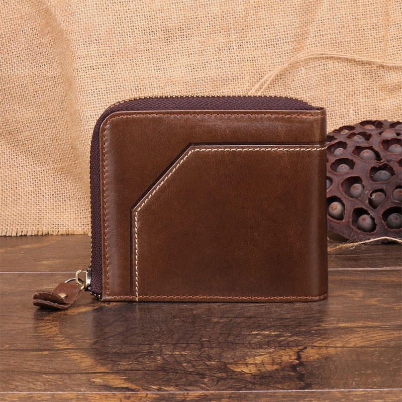 Cartera Vintage De Cuero Genuino Para Hombre Portatarjetas Con Cremallera Con Bloqueo Rfid