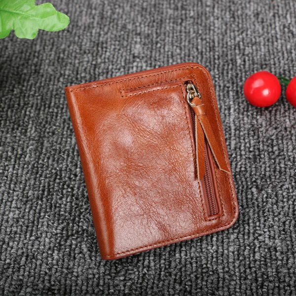 Carteras Cortas Con Cremallera De Cuero Genuino De Aceite Para Mujer Monedero Retro Monedero Titular De La Tarjeta Bolsas De Monedas