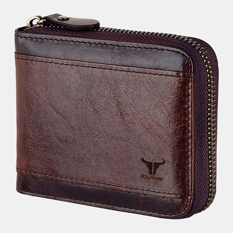 E Hombres Cuero Genuino Rfid Cremallera Antirrobo Negocios Retro Ranura Para Múltiples Tarjetas Cartera De Cuero Con Ranura Para Tarjetas