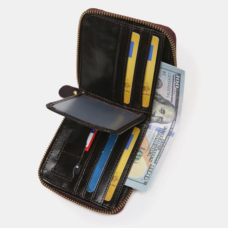 E Hombres Cuero Genuino Rfid Cremallera Antirrobo Negocios Retro Ranura Para Múltiples Tarjetas Cartera De Cuero Con Ranura Para Tarjetas