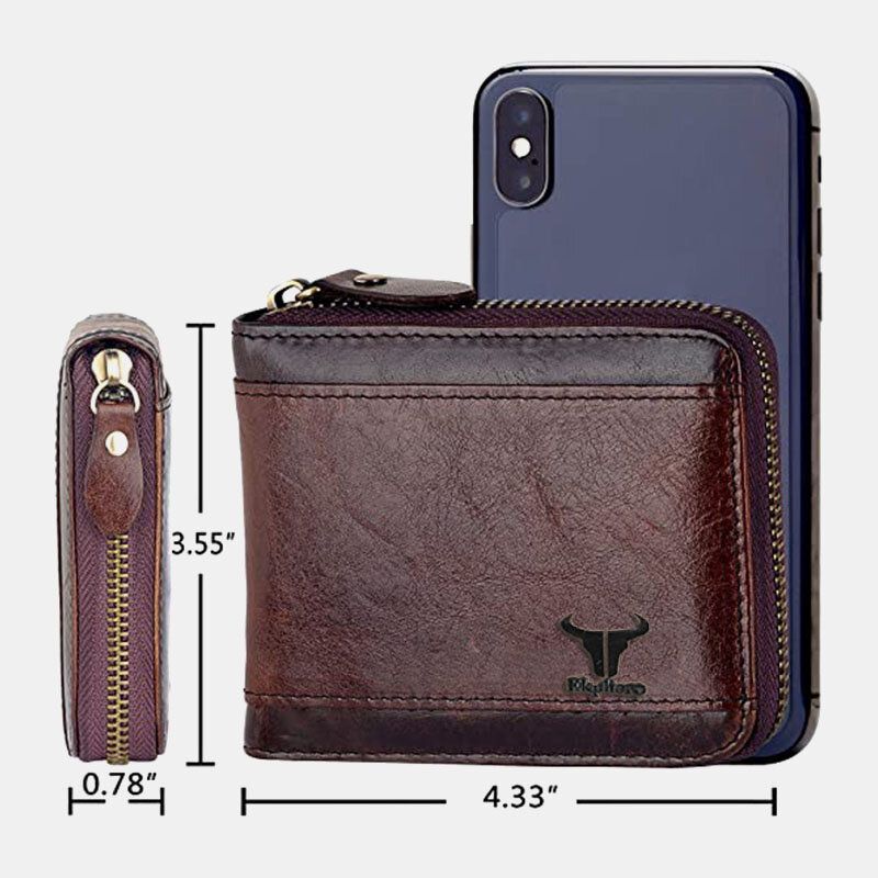 E Hombres Cuero Genuino Rfid Cremallera Antirrobo Negocios Retro Ranura Para Múltiples Tarjetas Cartera De Cuero Con Ranura Para Tarjetas