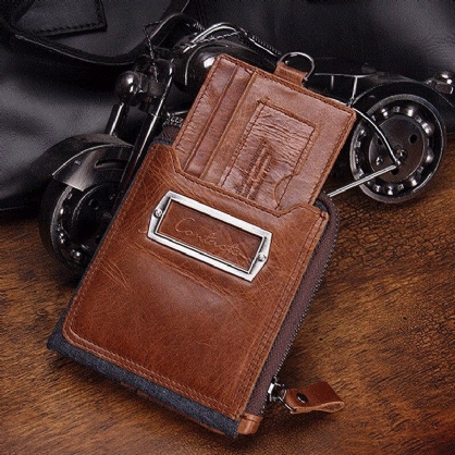 Hombres Cremallera De Cuero Genuino Retro Business Multi Ranura Para Tarjetas Cartera De Cuero Con Tarjetero Con Bolsa De Tarjetero Desmontable