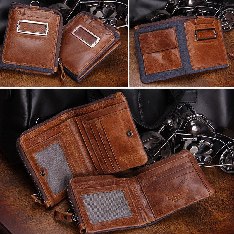 Hombres Cremallera De Cuero Genuino Retro Business Multi Ranura Para Tarjetas Cartera De Cuero Con Tarjetero Con Bolsa De Tarjetero Desmontable