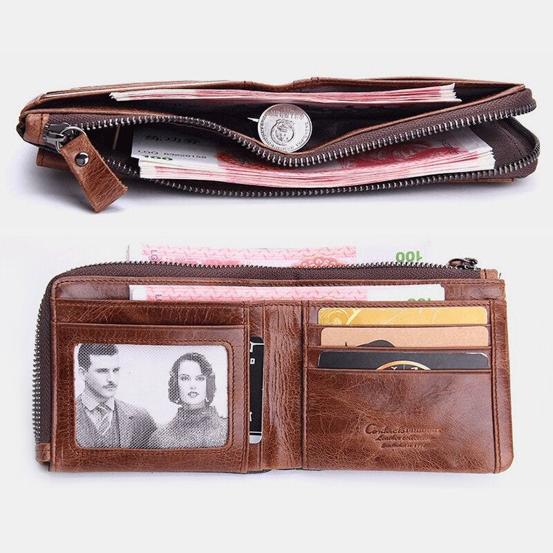 Hombres Cremallera De Cuero Genuino Retro Business Multi Ranura Para Tarjetas Cartera De Cuero Con Tarjetero Con Bolsa De Tarjetero Desmontable