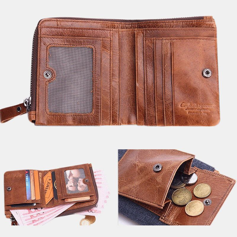 Hombres Cremallera De Cuero Genuino Retro Business Multi Ranura Para Tarjetas Cartera De Cuero Con Tarjetero Con Bolsa De Tarjetero Desmontable