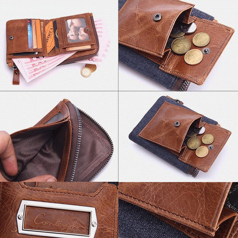 Hombres Cremallera De Cuero Genuino Retro Business Multi Ranura Para Tarjetas Cartera De Cuero Con Tarjetero Con Bolsa De Tarjetero Desmontable