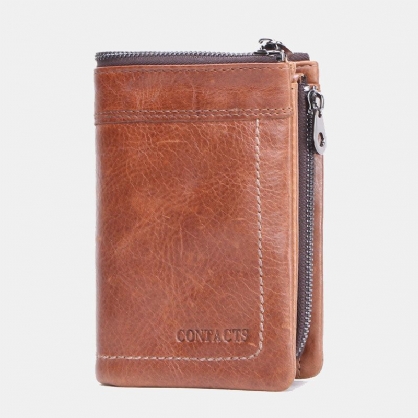 Hombres De Cuero Genuino Con Doble Cremallera Retro Business Multi Ranura Para Tarjetas Cartera De Cuero Para Tarjetas