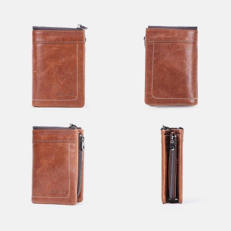 Hombres De Cuero Genuino Con Doble Cremallera Retro Business Multi Ranura Para Tarjetas Cartera De Cuero Para Tarjetas