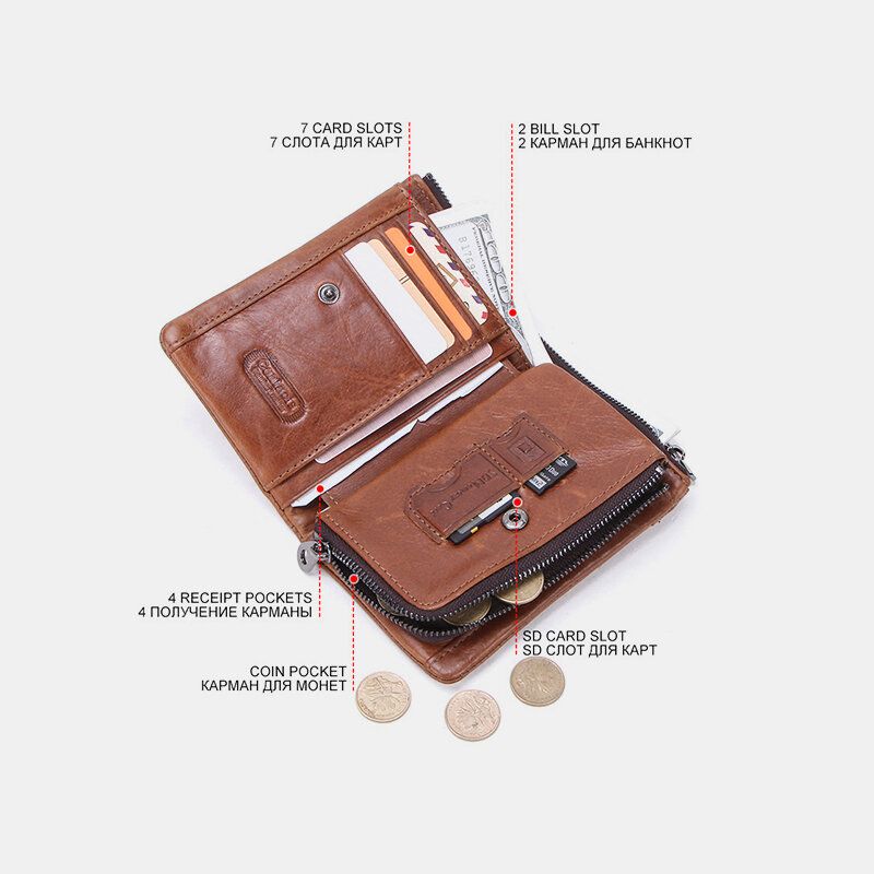 Hombres De Cuero Genuino Con Doble Cremallera Retro Business Multi Ranura Para Tarjetas Cartera De Cuero Para Tarjetas