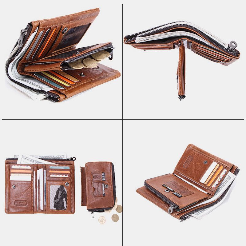 Hombres De Cuero Genuino Con Doble Cremallera Retro Business Multi Ranura Para Tarjetas Cartera De Cuero Para Tarjetas