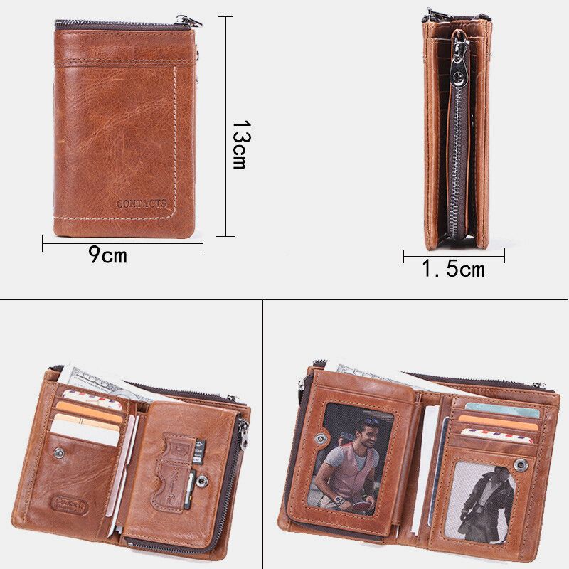 Hombres De Cuero Genuino Con Doble Cremallera Retro Business Multi Ranura Para Tarjetas Cartera De Cuero Para Tarjetas