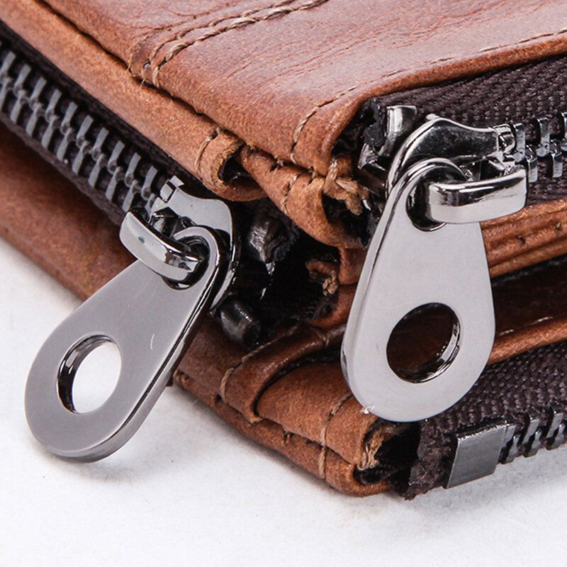 Hombres De Cuero Genuino Con Doble Cremallera Retro Business Multi Ranura Para Tarjetas Cartera De Cuero Para Tarjetas